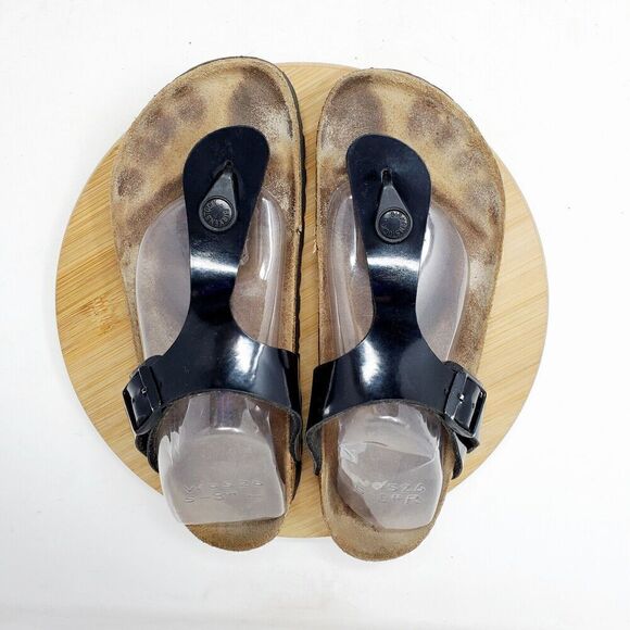 Birkenstock Gizeh Sandals 36 Womens 5 Black Thong Buckle Straps Distressed - Picture 4 of 12